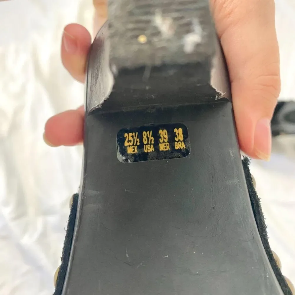 Andres Genuine Leather Black Boho Witchy Brassy Gold Studded Suede Clogs US 8.5 - Picture 7 of 8